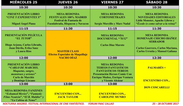 Rejilla de Actividades Paralelas NOCTURNA MADRID 2017. 25-28 octubre Forum FNAC Callao.