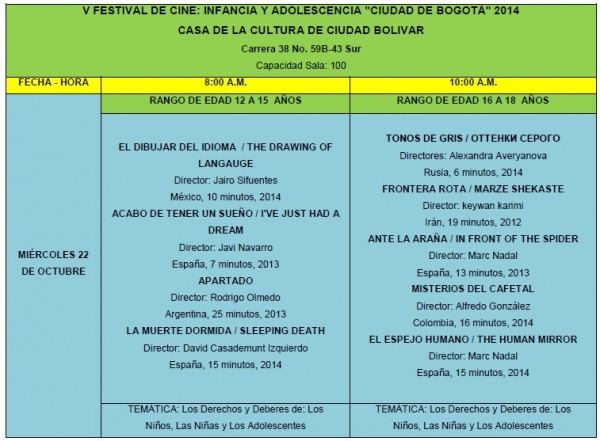 Seccion Oficial del V Festival de Cine Infancia y Adolescencia “Ciudad de Bogotá” (Colombia).